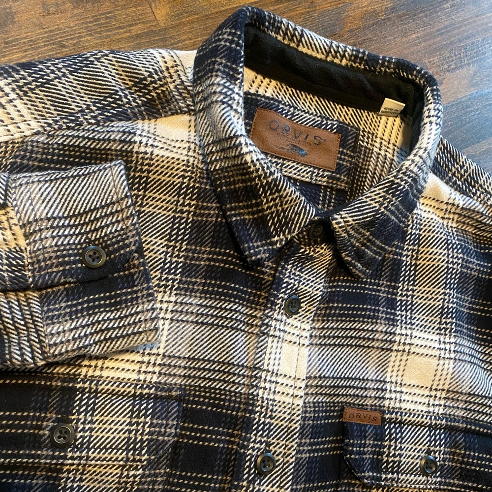 Orvis Flannel Shirt Men Large Black Plaid Long Sleeve Button Heavyweight Shacket